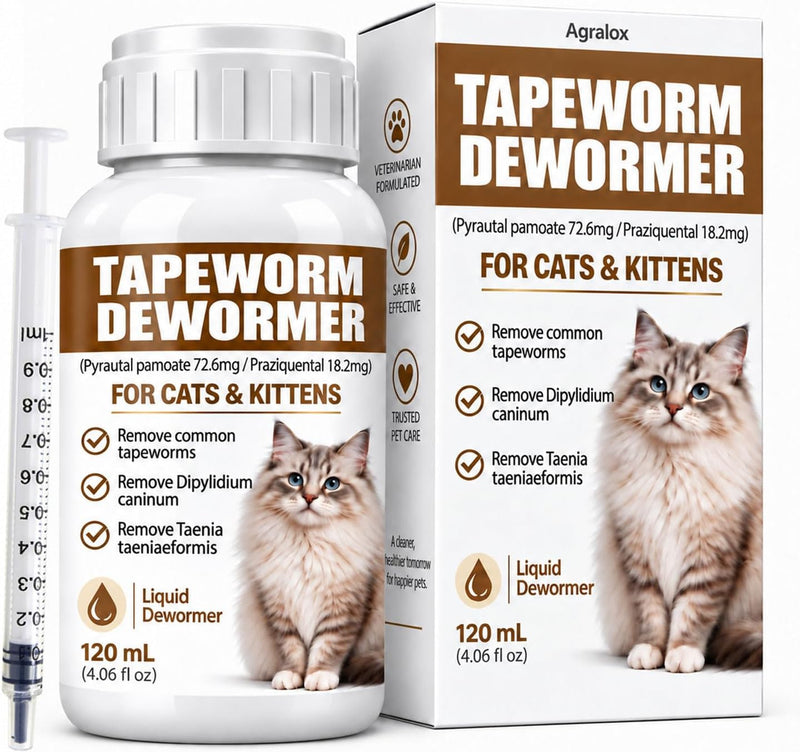 Cat Dewormer Liquid Broad Spectrum Treatment for Tapeworms, Roundworms & Hookworms with Praziquantel & Pyrantel Pamoate, 120ml