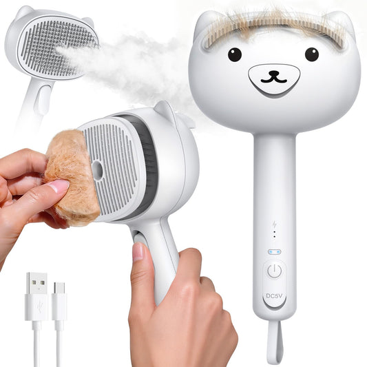 Self Cleaning Shedding Steam Cat Brush, Silicone Scraper Included Dog Brush, primecat, Cat Brushes for Shedding, USB Rechargeable, for Grooming & Haired Pets, Dogs & Cats, White