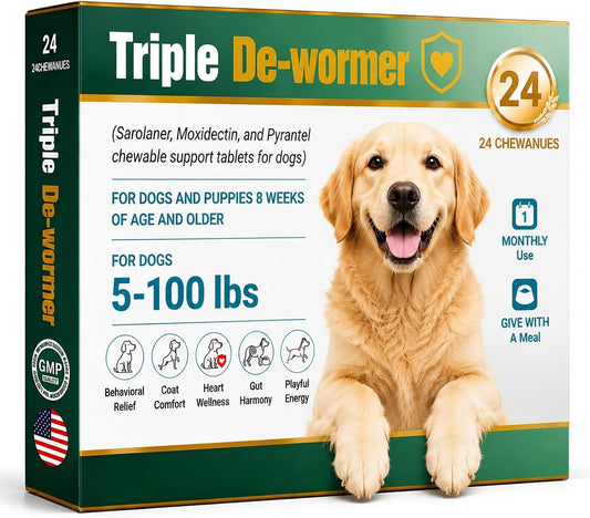 Triple Dewormer for Dogs,Broad Spectrum Dog Dewormer Tablets with Pyrantel Pamoate for Tapeworms, Roundworms & Hookworms