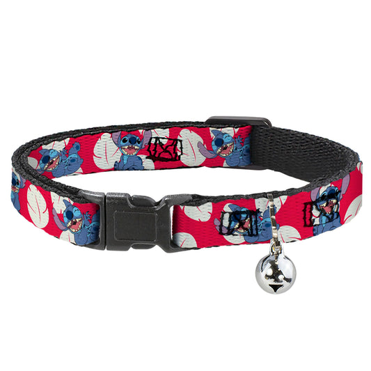 Disney Breakaway Cat Collar with Bell, Plastic Clip, Easy Adjustable, Lilo Stitch 4 Poses Lilo Dress Leaves Red Ivory, 8.5 to 12 Inches 0.5 Inch Wide