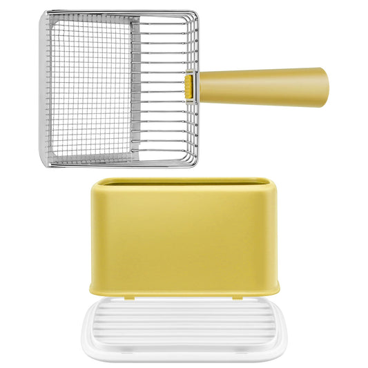 Bedama Metal Cat Litter Scoop with Holder, Heavy Duty Deep Sifter with Dual-Hole (10mm/5mm) for Pellets & Clay, Non-Stick (Yellow)