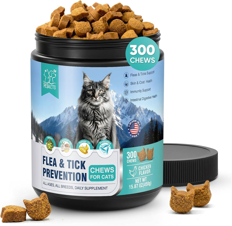 Flea Treatment for Cats-300 Treats Natural Flea and Tick Prevention for Cats Chewable, Itchy Skin &Biting Relief Immune 