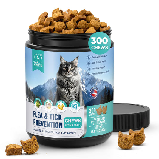 Flea Treatment for Cats-300 Treats Natural Flea and Tick Prevention for Cats Chewable, Itchy Skin &Biting Relief Immune &Gut Health Oral Flea Supplement for Kittens-All Cats Made in USA Chicken Flavor