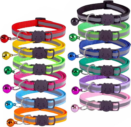 12-Pack Reflective Cat Collar Breakaway with Safety Elastic Band - Adjustable 7.5-12.5 Inch Lightweight Collar with Bell