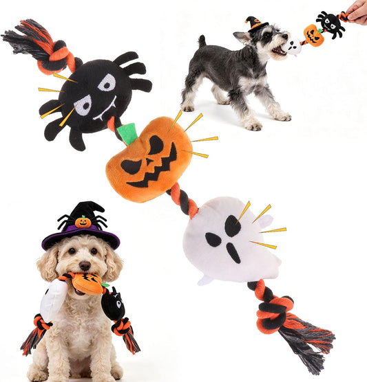 BEAUTYZOO Halloween Squeaky Dog Toy for Small Dog to Keep Them Busy, Interactive Dog Rope Toy with 3 Squeakers, Funny Pl