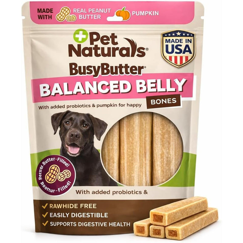 Pet Naturals BusyButter Balanced Belly Peanut Butter Bones, Rawhide-Free Chews for Medium/Large Dogs, Long Lasting Chew Bones, Probiotics and Pumpkin for Gut Health, 4 Count