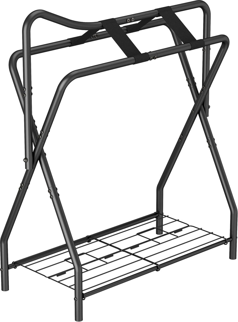 Queension Horse Saddle Rack for English Saddle, Foldable Saddle Stand with Bottom Storage for Horse Tack, Saddle Pad Rac