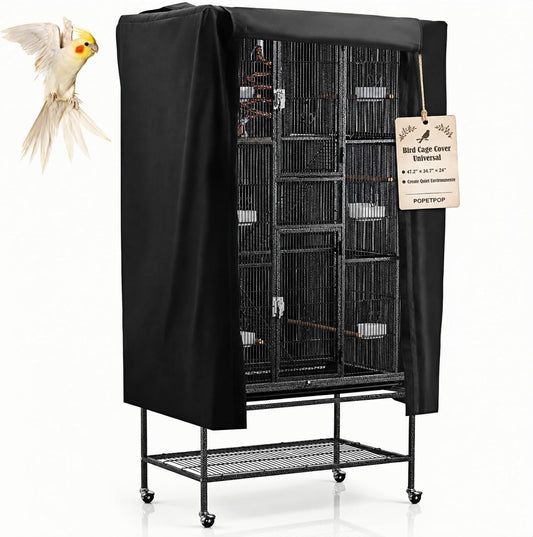 POPETPOP Universal Bird Cage Cover, Good Night Parrot Cage Cover for Birdcage Accessories, Washable&Breathable (Black, Large)