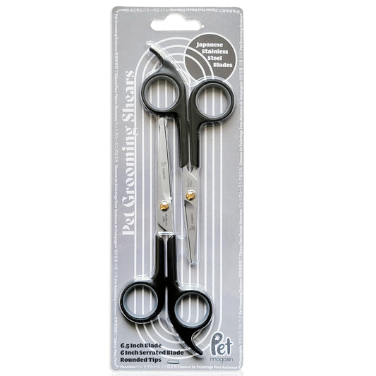 Pet Magasin Japanese Stainless Steel Grooming Scissors (2) for Facial Hair and Larger for Body Trimming with Round Tip (Black)