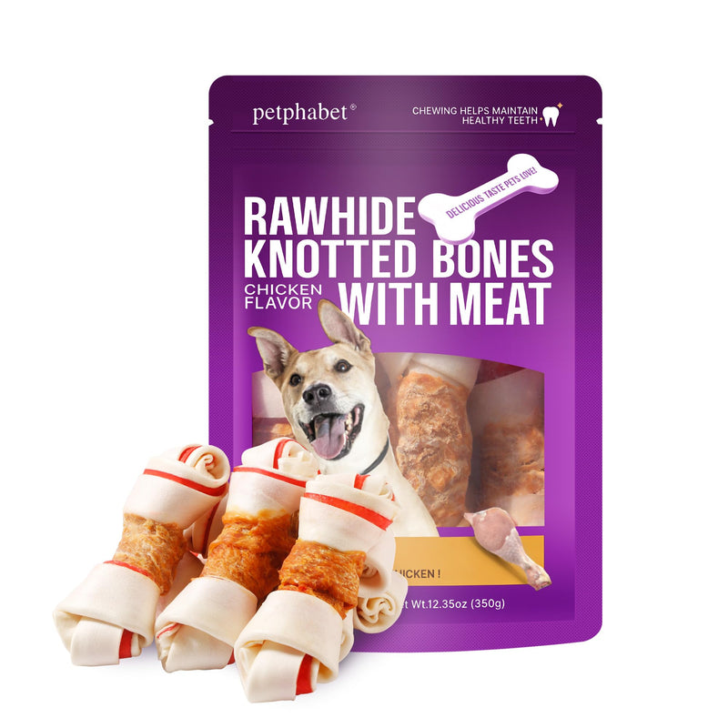 PETPHABET Chicken Wrapped Rawhide Dog Bones, 5-5.5 Inch Long Lasting Dog Chew Treats for Medium & Large Dogs, 5 Count Beefhide Dog Snacks for Training Healthy Chewing, Knotted Dog Bones High Protein