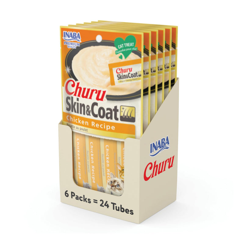INABA Churu for Skin & Coat, Lickable, Squeezable Cat Treat with Omega Oils, Taurine and Vitamin E, 0.5 Ounces Each Tube, 24 Tubes, Chicken Recipe