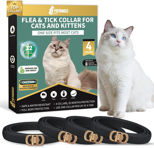 YOTANGO 4 Pack Flea Collar for Cats, 32 Months Flea and Tick Prevention for Cats, Waterproof Cat Fleas Collar, Cat Fleas and Ticks Treatment, Adjustable Tick Collars for Kittens-Black