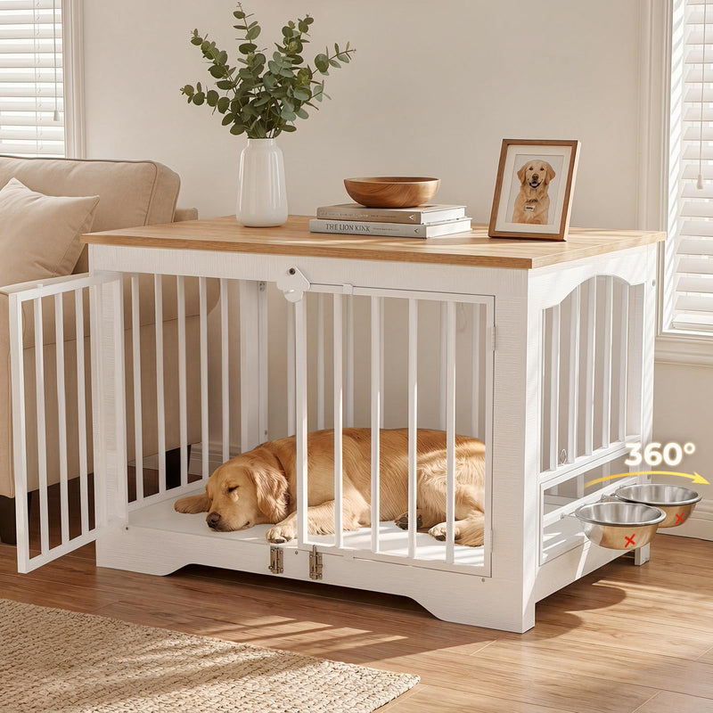 Furlodge Dog Crate Furniture, Wooden Indoor Pet Kennel End Table with 360 Degree Rotating Feeder Door, Secure Double Latches and Solid Base for Medium Large Dogs, Natural and White