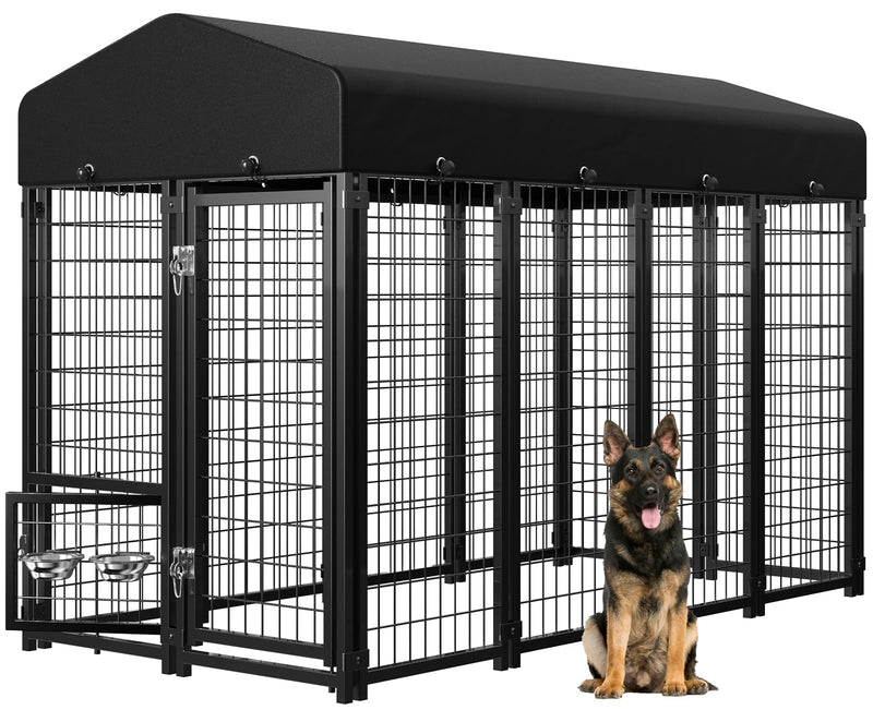 Guiferland Dog Kennel Outdoor, Weatherproof Outside Dog Kennel with Roof & Swivel Feeders and Removable Dog Door, Heavy Duty Outdoor Kennels Dog Enclosure Run for Medium Large Dogs (8'L x 4'W x 6'H)