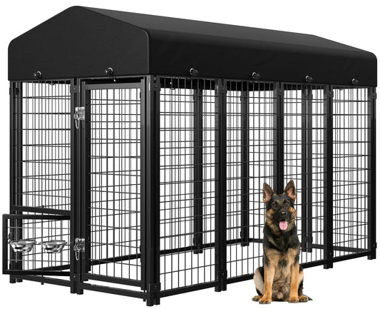 Guiferland Dog Kennel Outdoor, Weatherproof Outside Dog Kennel with Roof & Swivel Feeders and Removable Dog Door, Heavy Duty Outdoor Kennels Dog Enclosure Run for Medium Large Dogs (8'L x 4'W x 6'H)