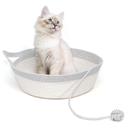 WEAVELYRICS Cotton Rope Woven Cat Bed Basket, Hand Woven with Toy Tail, Small Dogs & Puppies Sleeping Bed, Indoor Cat & Rabbit Basket (Large, Gray & White)