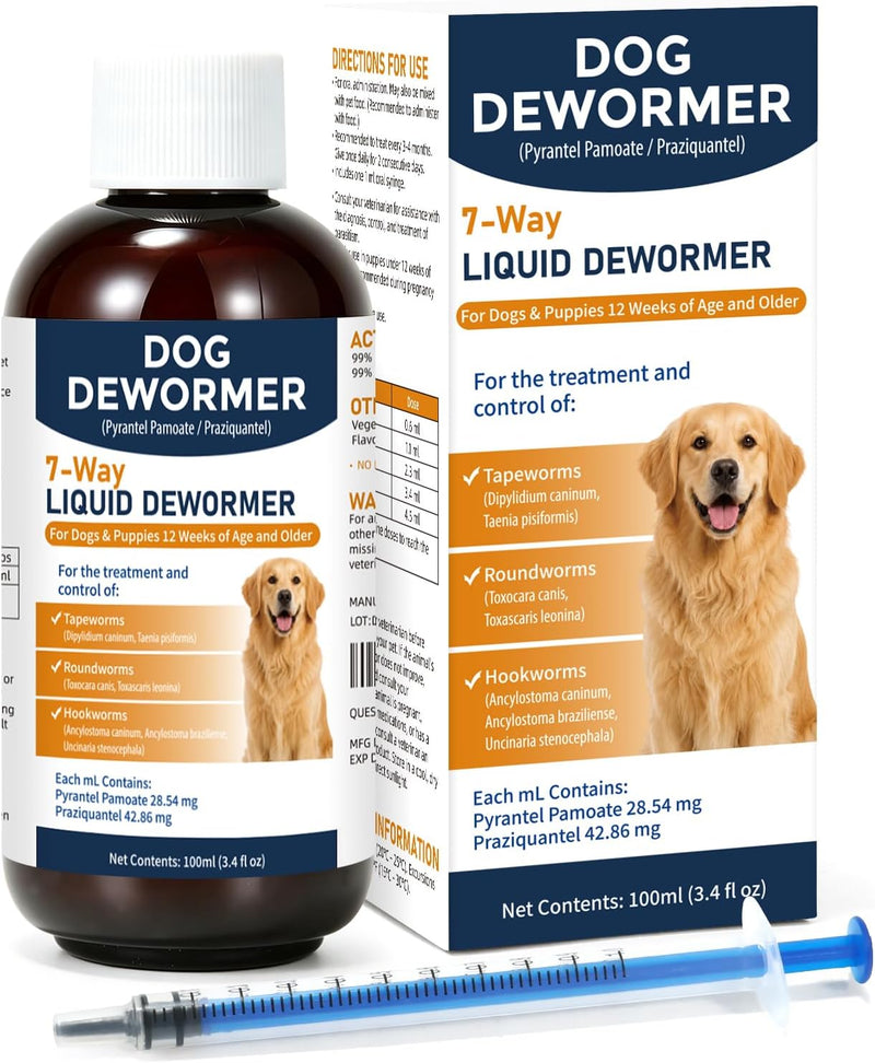 7-Way Dog Dewormer, Oral Treatment for Tapeworm, Roundworm, Hookworm, 3.4 fl oz, 100 ml