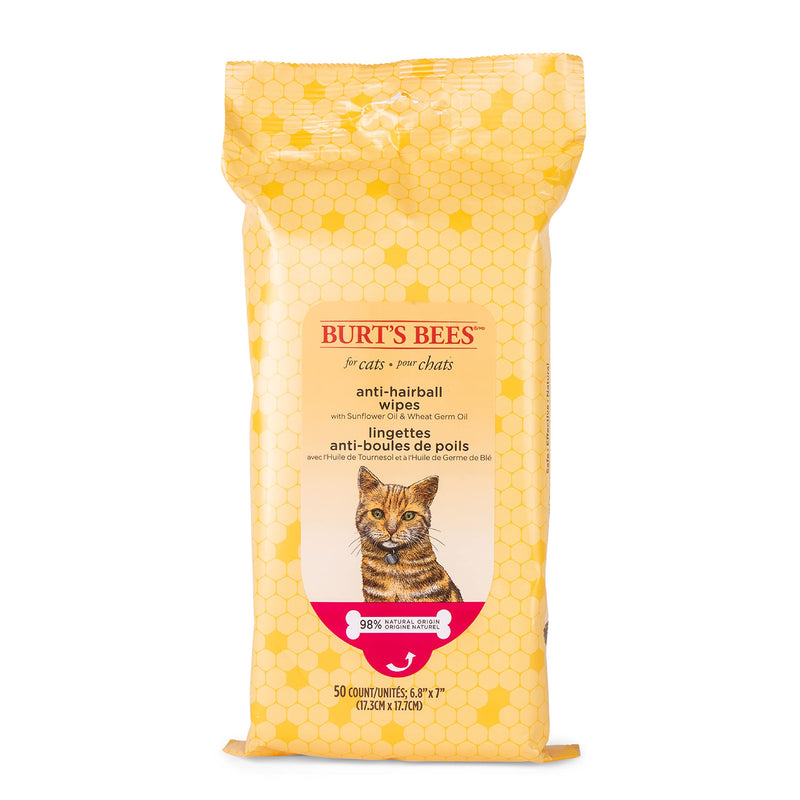 Burt's Bees for Pets Anti-Hairball Wipes for Cats, Sunflower Oil and Wheat Germ Oil, 98% Natural Origin, Cruelty-Free Cat Hairball Remedy Wipes, pH Balanced, Made in the USA, 50 Count