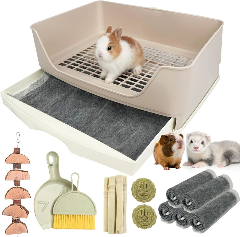 RUBYHOME Oversize Rabbit Litter Box with Drawer, Corner Toilet Box with Grate Potty Trainer, Bigger Pet Pan for Adult Gu