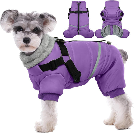 BRKURLEG Small Dog Winter Coat with Harness, Full Body Jacket, Purple, S