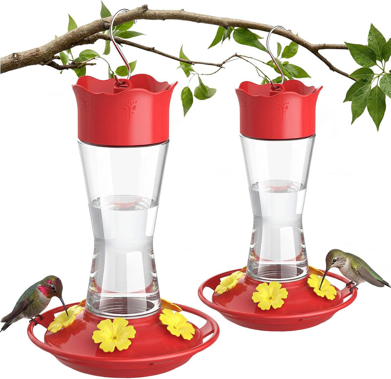 Kingsyard 2-Pack Glass Hummingbird Feeder for Outdoors Hanging, 10 oz Leak-Proof Humming Bird Feeders with Ant Moat & Be