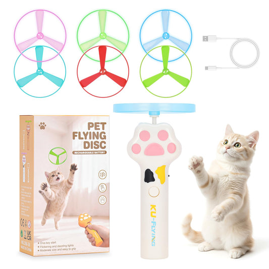 AGIFTMIND Cat Fetch Toy, Rechargeable Flying Disc Launcher with 6 Flying Discs, Cat Interactive Hunting Toys for Outdoor & Indoor (White)