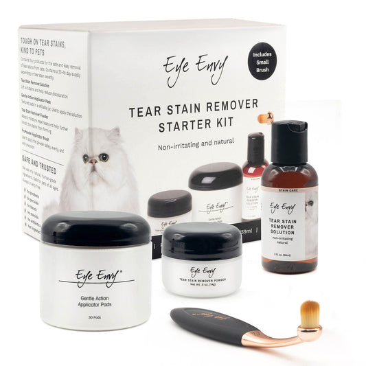 Eye Envy Cat Tear Stain Remover Starter Kit with ProPowder Brush. Stain Solution, Applicator Pads, Stain Powder, and Small Applicator Brush. Tear Stain Cleaning Kit. Lasts 30-45 Days. Made in USA.