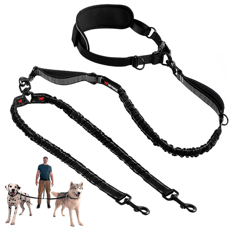 Tuff Pupper Heavy Duty Hands Free Bungee Dog Leash | Two Large Dogs Up to 250 lbs | Comfortable Shock Absorbing Bungee | Reflective Dual Padded Handles | Lumbar Waist Belt 28-50