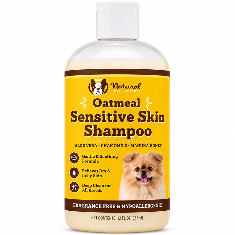 Natural Dog Company Sensitive Skin Dog Shampoo – Hypoallergenic Oatmeal Anti Itch Shampoo for Dogs, Gentle Puppy & Dog Wash with Aloe Vera, Manuka Honey & Chamomile, Odor Control, 12 oz