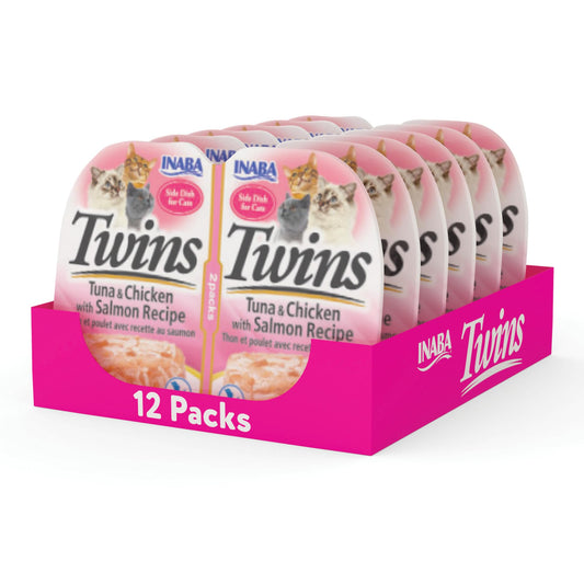 INABA Twins for Cats, Side Dish/Topper Cups, 1.23 Ounces per Serving, 12 Servings, Tuna & Chicken with Salmon Recipe