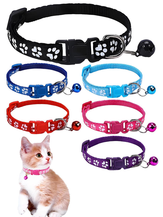 6 Pack Reflective Cat Collar with Bell, Solid & Safe Collars for Cats, Nylon, Mixed Colors, Pet Collar, Breakaway Cat Collar Charms, Mix Color