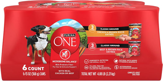 Purina ONE Classic Ground Chicken and Brown Rice, and Beef and Brown Rice Entrees Wet Dog Food Variety Pack - (Pack of 6) 13 oz. Cans