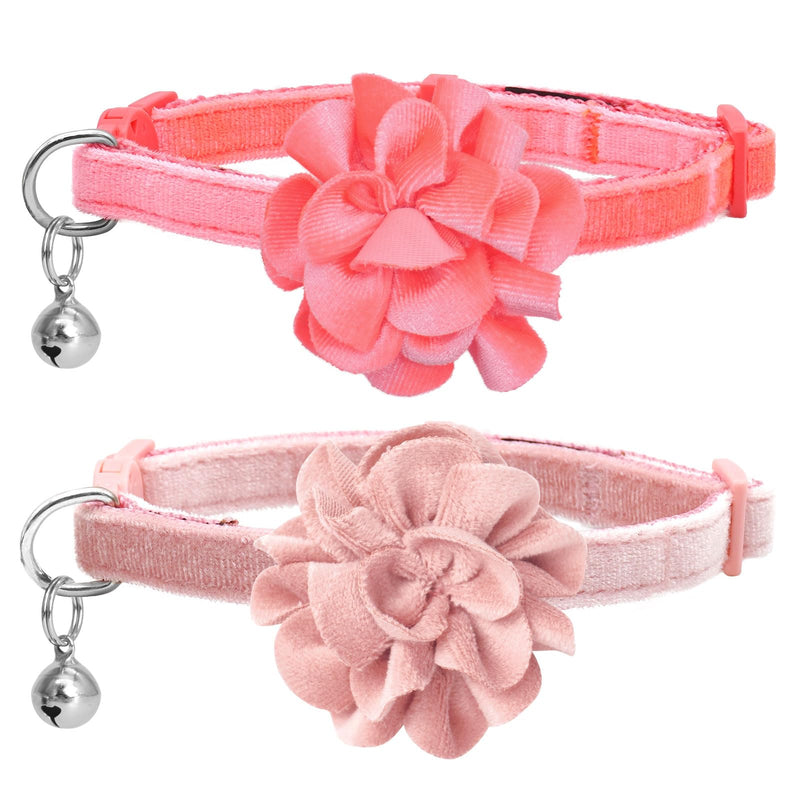 azuza 2 Pack Cat Collar Floral with Bell and Removable Flower Bowtie Breakaway Adjustable Velvet Fabric Cat Collar for Pets and Daily Decoration, Light Pink & Dark Pink