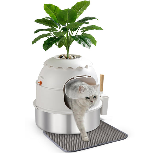 MuseMira Hidden Litter Box, Stainless Steel Litter Box with Faux Plant Decor, Litter Box Enclosure with Clear Front Door, Includes Scoop & Litter Mat, Odor Control, Easy to Clean (White)