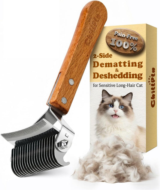 CHILLPLN Cat Brush for Long Haired Cats - Double Sided Dematting Undercoat Rake for Persian, Ragdoll, Maine Coon - Professional Grooming Tool to Remove Mats, Tangles & Shedding - Skin-Safe Teeth