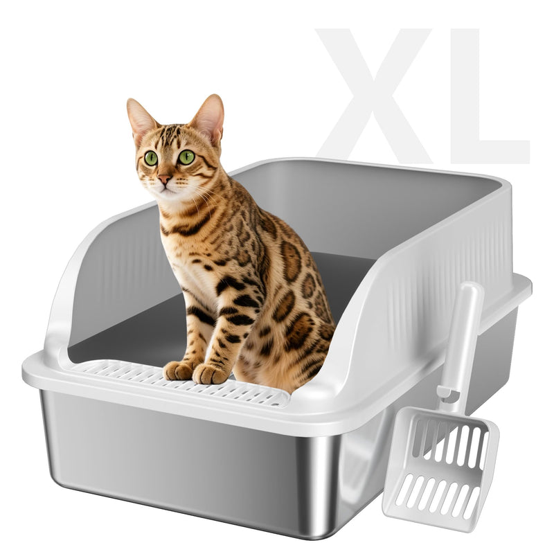 KISENG Stainless Steel Cat Litter Box with Lid, XL Extra Large High Sided Litter Box for Big Cats, Odor Free Open Top Litter Pan Easy Cleaning Anti-Urine Leakage Non-Stick, Includes Scoop, Light Grey