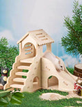 Hamster Hideout Cage Accessories - Hamster House and Habitat Wooden Hide Hut with Climbing Ladder and Slide for Dwarf Ge