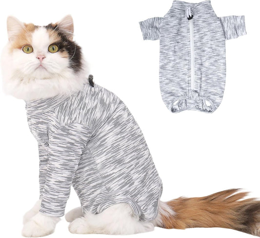 FEimaX Cat Recovery Suit for Spay Abdominal Wounds, Kitten Onesie Bodysuit with Zipper for Female and Male Cats After Su