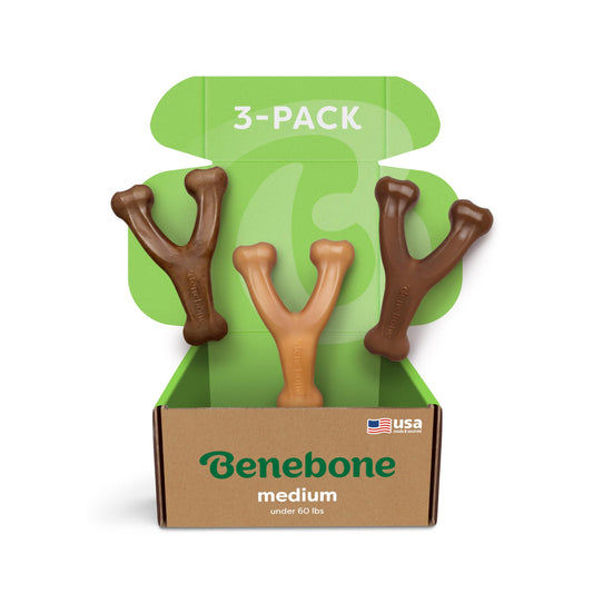 Medium 3-Pack, Benebone Wishbone Durable Dog Chew Toy for Aggressive Chewers, Real Bacon, Chicken, Peanut Butter, Made in USA, Variety Pack