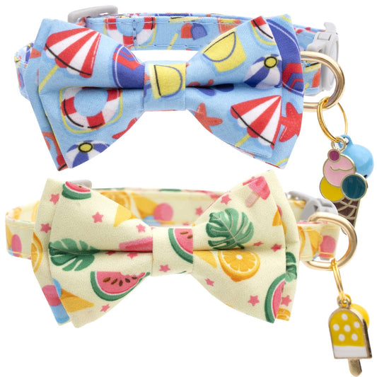 Faygarsle 2 Pack Cute Cat Collar with Bell Breakaway Bowtie for Male Female Cats Soft Fancy Blue Yellow with Ice Cream Sea Pattern Summer Cat Collar for Boy Girl Cats