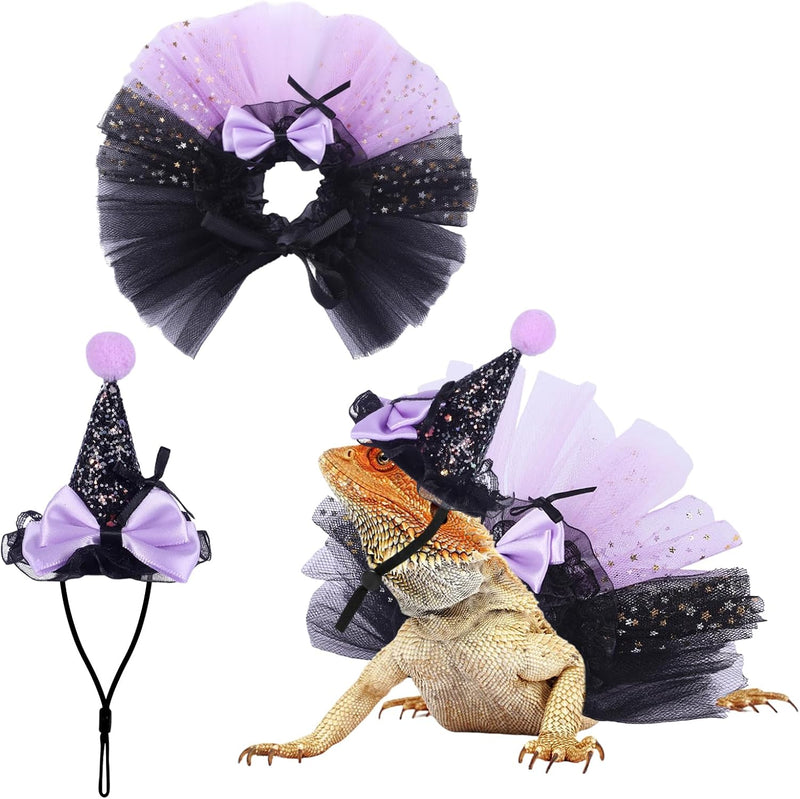 2pcs Bearded Dragon Witch Costume Set Small Pet Adjustable Hat Bow Tutu Skirt Outfits for Lizards Guinea Pigs Bunny Ferr