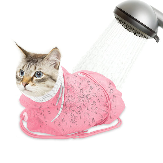 Catcan Cat Bathing Bag, Breathable Cat Grooming Bag, Anti Scratch Adjustable Cats Shower Washing Bag with Mesh for Nail Trimming