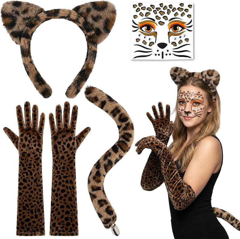 Cheetah Costume, Halloween Costumes, 4 PCS Set Headband Tail Gloves Sticker