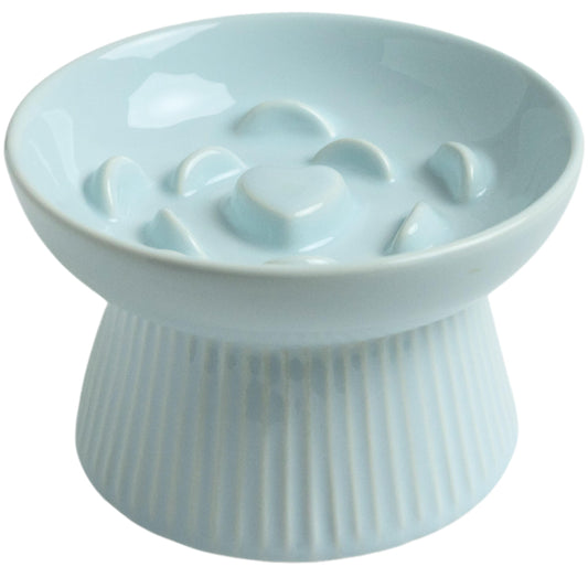 LE SERVETA Ceramic Slow Feeder Cat Bowl, Raised Puzzle Feeder, Anti Vomiting Cat Slow Feeder, Elevated Food Bowl, Whisker Friendly Cat Bowl (Blue)