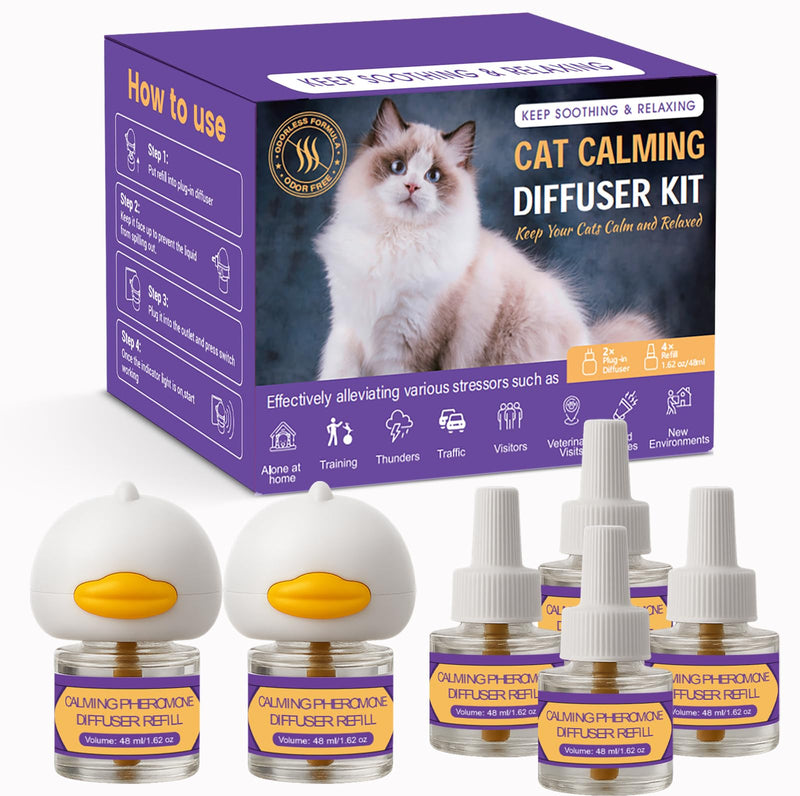 Cat Calming Pheromone Diffuser Kit – 2 Plug-Ins & 4 Refills (48ml), Cat Anxiety & Stress Relief, Multi Cat Calming Diffuser, Reduces Fighting, Spraying, Scratching & Aggression, Drug-Free for All Cats