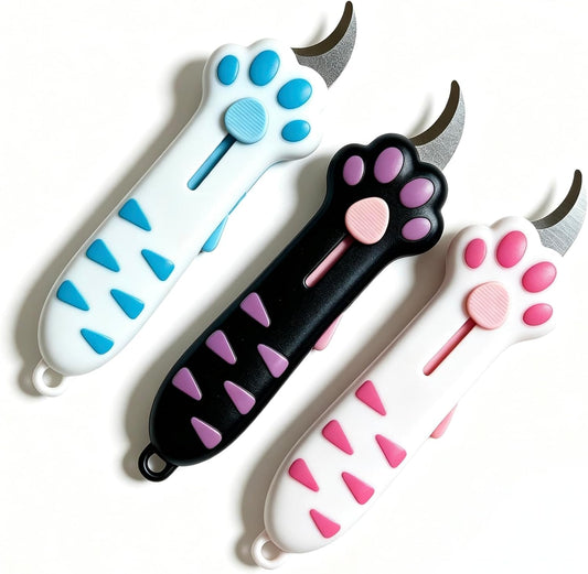 Cat Paw Box Cutter 3-Piece Set, Retractable Cat Claw Knife with Cute Paw Handle, Portable Utility Box Opener for Home Of