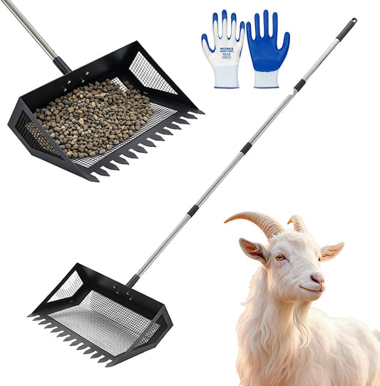 Goat Pooper Scooper & Manure Rake, Heavy Duty Metal Sifter Shovel with Adjustable Long Handle, Specially Designed for Go