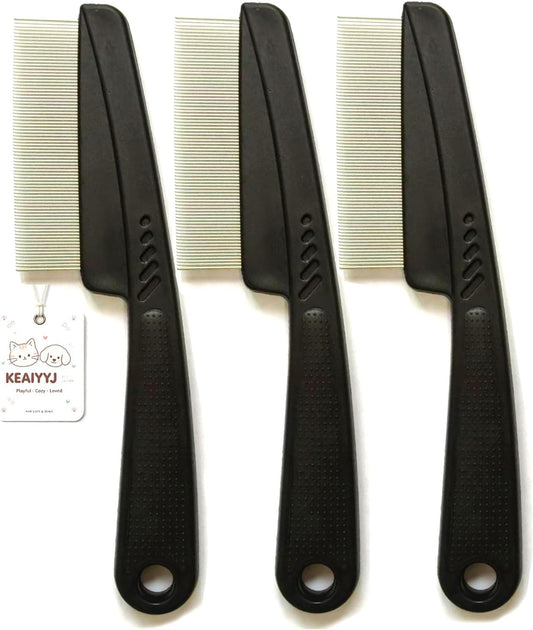 KEAIYYJ- Flea Comb for Cats & Dogs, Pet Fine Tooth Tick Brush, 3 Pack (Black)