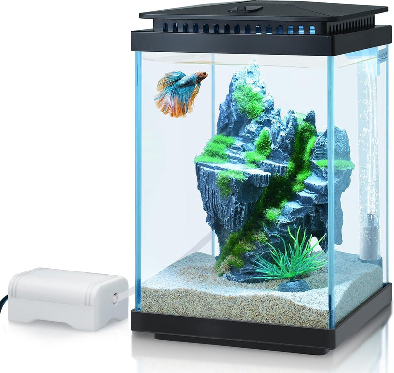 FEDOUR Small Glass Aquarium, 1 Gallon Desktop Fish Tank, Betta Fish Tank, Mini Aquarium Starter Kit with Air Pump LED Li