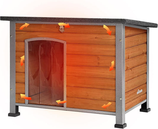 Aivituvin Dog House Outdoor & Indoor Wooden Dog Kennel for Winter with Raised Feet Weatherproof for Small & Medium & Large Dogs,Unique All-Around Iron Frame, (A
